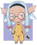  accessory anthro blue_hair blush bow_ribbon bow_tie claws clothed clothing doneru eyewear female furgonomics glasses hair hair_accessory hair_bow hair_ribbon hairband hi_res jumpsuit looking_away pigtails pink_body ribbons simple_background solo tail_accessory tail_bow tail_ribbon young 