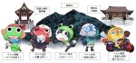  5boys bag binoculars dororo_(keroro_gunsou) frog giroro glasses ground_vehicle hat japanese_clothes katana keroro keroro_gunsou kimono kururu_(keroro_gunsou) mask motor_vehicle mountain multiple_boys one_eye_closed open_mouth raincoat shoes smile sweat sword tamama temple weapon yoshizaki_mine 