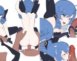  1boy 1girl :d ass bangs black_bow black_gloves black_thighhighs bow censored drill_hair gloves gwen_(league_of_legends) hetero highres league_of_legends long_hair mosaic_censoring open_mouth penis pussy sex shiny shiny_hair simple_background smile thighhighs tongue twin_drills twintails wang white_background 