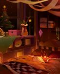  animal_focus blurry christmas christmas_tree closed_eyes commentary flareon highres indoors lying no_humans on_bed pillow pokemon pokemon_(creature) ribbon shelf sleeping solo stratocumuli 