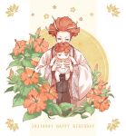  2others androgynous baby bead_necklace beads carrying carrying_person chinese_clothes covering_mouth diaper flower hair_flower hair_ornament haori happy_birthday hibiscus highres japanese_clothes jewelry jigokuraku leaf looking_at_another looking_down medium_hair multicolored_hair multiple_others necklace orange_flower orange_hair plant robe tearing_up two-tone_hair upper_body ushi_424 vines yellow_background 