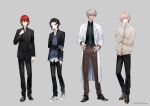  4boys aged_down akke_(akke299) arm_at_side arurandeisu bandaid bandaid_on_neck bangs_pinned_back belt black_belt black_footwear black_pants black_shirt blue_sweater brown_pants cardigan collared_shirt copyright dress_shoes ear_piercing earrings full_body gakuran glasses green_eyes green_necktie grey_background grey_hair grin hair_between_eyes hair_ornament hairclip half_updo hanasaki_miyabi hand_on_own_chest hand_on_own_chin hand_on_own_elbow hands_on_hips highres holostars jacket jewelry kanade_izuru labcoat loafers looking_at_viewer male_focus multiple_boys necktie official_art open_clothes open_collar open_jacket pants parted_lips pen piercing pink_hair purple_eyes red_hair rikka_(holostars) school_uniform sekai_ichi_(holostars) shirt shoes short_hair simple_background single_earring sleeves_past_wrists smile sneakers striped_necktie sweater untucked_shirt virtual_youtuber watch white_footwear white_shirt wristwatch yellow_eyes 