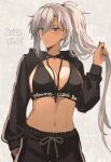  1girl black_pants breasts brown_eyes clothes_writing cowboy_shot dated glasses grey_background grey_hair hair_between_eyes kantai_collection kasumi_(skchkko) large_breasts long_hair long_sleeves musashi_(kancolle) navel one-hour_drawing_challenge pants parted_lips rimless_eyewear simple_background solo 