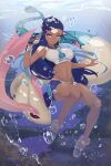  1girl air_bubble aqua_eyes aqua_hair bike_shorts blue_eyeshadow blue_gloves blue_hair breasts bubble cheng_(pixiv5550107) commentary dark-skinned_female dark_skin dynamax_band earrings eyeshadow freediving full_body gloves hair_bun highres holding holding_poke_ball hoop_earrings jewelry large_breasts long_hair looking_at_viewer makeup midriff milotic multicolored_hair navel necklace nessa_(pokemon) outdoors parted_lips partially_fingerless_gloves poke_ball pokemon pokemon_(game) pokemon_swsh sandals single_glove single_hair_bun solo sports_bra two-tone_hair underwater white_footwear 