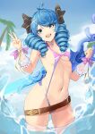  1girl :d absurdres ahoge alternate_costume bangs bare_shoulders beach belt bikini black_bow blue_hair bow breasts brown_belt cowboy_shot day drill_hair green_eyes groin gwen_(league_of_legends) hair_bow hair_ornament hand_up highres holding holding_scissors holding_weapon league_of_legends long_hair medium_breasts navel open_mouth outdoors oversized_object pink_bikini revival scissors smile solo swimsuit teeth twin_drills twintails upper_teeth v water weapon x_hair_ornament 