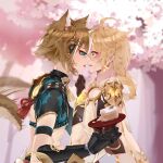  aether_(genshin_impact) animal_ears aqua_eyes armor black_gloves blonde_hair braid brown_hair buzheng61241 cape crop_top dog_boy dog_ears earrings food genshin_impact gloves gorou_(genshin_impact) hair_between_eyes hair_ornament highres japanese_armor japanese_clothes jewelry long_hair male_focus midriff multicolored_hair navel open_mouth plate short_hair single_earring stomach streaked_hair tongue tongue_out white_cape white_hair yellow_eyes 