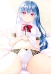  1girl blue_hair bow bowtie breasts cameltoe frills from_below highres hinanawi_tenshi long_hair looking_at_viewer navel no_headwear no_pants panties pillow puffy_sleeves reclining red_bow red_bowtie red_eyes shirt short_sleeves small_breasts solo touhou underwear y_na1211 