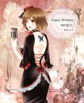  1girl 2015 backless_dress backless_outfit bangs black_dress blush breasts brown_eyes brown_hair bug butterfly character_name dated dress from_behind happy_birthday holding holding_microphone_stand kisaragitsubasa large_breasts meiko_(vocaloid) microphone_stand open_mouth red_headwear shiny shiny_hair short_hair shoulder_blades sideboob solo vocaloid 