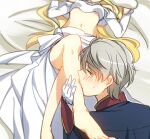  1boy 1girl aki_(neyuki41028) aldnoah.zero asseylum_vers_allusia bare_legs bed_sheet blonde_hair blue_jacket blush breasts couple gloves grey_hair head_out_of_frame hetero jacket kiss long_hair long_sleeves lying midriff military military_uniform navel on_back shiny shiny_hair short_hair slaine_troyard small_breasts stomach uniform very_long_hair white_gloves 