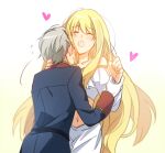  1boy 1girl aki_(neyuki41028) aldnoah.zero asseylum_vers_allusia blonde_hair blue_jacket blush closed_eyes couple gloves grey_hair heart hetero holding_another&#039;s_wrist jacket kiss long_hair long_sleeves midriff navel open_mouth saliva saliva_trail shiny shiny_hair short_hair sketch slaine_troyard stomach straight_hair sweatdrop very_long_hair white_background white_gloves 