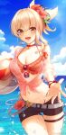  1girl arm_tattoo bikini blonde_hair breasts brown_shorts chest_tattoo flower flower_tattoo genshin_impact glasses hair_flower hair_ornament highres liu_guniang midriff navel open_mouth orange_eyes ponytail shorts smile stomach sunglasses swimsuit tattoo yoimiya_(genshin_impact) 