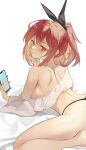  1girl absurdres bangs cellphone chukibabo2 clothes_down from_behind hair_ribbon head_on_hand highres lying on_stomach original phone ponytail red_eyes red_hair ribbon smartphone thong 