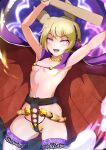 1girl absurdres ass_visible_through_thighs bangs blonde_hair breasts brown_hair cape choker earmuffs gold gold_choker headphones highres light_brown_hair looking_at_viewer maruhage_p navel pink_eyes pointy_hair purple_cape ritual_baton sheath short_hair small_breasts smile solo thighhighs thighs touhou toyosatomimi_no_miko 
