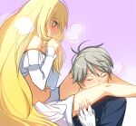  1boy 1girl aki_(neyuki41028) aldnoah.zero asseylum_vers_allusia blonde_hair blue_jacket blush closed_eyes couple embarrassed gloves green_eyes grey_hair hetero jacket kiss long_hair long_sleeves looking_at_another looking_down miniskirt pink_background profile shiny shiny_hair short_hair skirt slaine_troyard straight_hair very_long_hair white_gloves white_skirt 