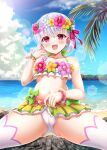  1boy 1girl absurdres ass_visible_through_thighs bangs bare_shoulders beach bikini blue_sky blush bracelet breasts cameltoe collarbone crotch earrings fate/grand_order fate_(series) flower_earrings flower_wreath girl_on_top green_bikini hair_ribbon head_wreath highres jewelry kama_(fate) kama_(swimsuit_avenger)_(fate) kama_(swimsuit_avenger)_(first_ascension)_(fate) looking_at_viewer miniskirt navel open_mouth palm_leaf rainbow_skirt red_eyes ribbon shore short_hair sitting sitting_on_person skirt sky small_breasts smile solo_focus swimsuit thighhighs thighs tsukumokazuki white_hair white_thighhighs 