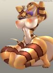  anthro blue_eyes brown_body charmerpie claws female hi_res long_tongue nipples pink_nipples scales scalie solo toe_claws tongue white_body yellow_body 