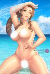  1girl aerith_gainsborough bare_shoulders blue_sky blush braid braided_ponytail breasts brown_hair censored cleavage closed_mouth collarbone drill_hair drill_locks feet_out_of_frame final_fantasy final_fantasy_vii final_fantasy_vii_remake green_eyes hand_on_own_head kneeling large_breasts legs legs_apart lips long_hair looking_at_viewer mystra77 nail_polish navel nude ocean one_eye_closed red_nails sky smile solo stomach summer thighs twin_drills water 
