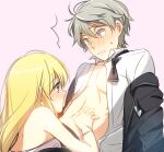  1boy 1girl aki_(neyuki41028) aldnoah.zero asseylum_vers_allusia bangs black_bow black_jacket blonde_hair blush bow collarbone dress_shirt embarrassed green_eyes grey_eyes grey_hair hair_between_eyes jacket long_hair open_clothes open_jacket open_shirt pink_hair profile shiny shiny_hair shirt short_hair sketch slaine_troyard straight_hair sweatdrop white_shirt 