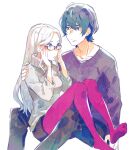  1boy 1girl adjusting_eyewear aisutabetao alternate_costume bangs black-framed_eyewear black_pants black_shirt black_shorts blue_hair blush byleth_(fire_emblem) byleth_(fire_emblem)_(male) casual closed_mouth collarbone commentary_request contemporary edelgard_von_hresvelg fire_emblem fire_emblem:_three_houses forehead glasses grey_sweater hair_between_eyes long_hair long_sleeves pants pantyhose purple_eyes red_pantyhose shirt short_hair shorts simple_background sitting sitting_on_lap sitting_on_person smile sweater turtleneck turtleneck_sweater white_background white_hair 