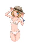  1girl ;d arms_up bare_arms bikini blue_eyes blue_ribbon breasts brown_hair cleavage closed_mouth collarbone cowboy_shot cropped_legs grey_background grey_headwear hat looking_at_viewer medium_breasts medium_hair mikeko_(neko19920311) navel one_eye_closed pokemon pokemon_(anime) pokemon_xy_(anime) ribbon serena_(pokemon) shiny shiny_hair sideboob simple_background smile solo standing straw_hat swimsuit thigh_gap white_bikini 