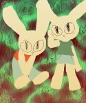  abstract_background ambiguous_gender anthro bronzecatworld clothed clothing duo fur lagomorph leporid mammal rabbit white_body white_fur 