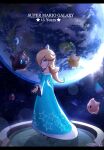  1girl absurdres anniversary artist_name blonde_hair blue_dress blue_eyes copyright_name crown dress earth_(planet) floating highres lens_flare looking_at_viewer looking_back luma_(mario) mario_(series) mini_crown outstretched_arm planet rosalina sarukaiwolf space star_(symbol) star_print strapless strapless_dress super_mario_galaxy 