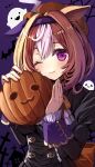  1girl ;) absurdres ahoge animal_ears black_dress blush brown_hair closed_mouth commentary days_in_a_flash_(umamusume) dress english_commentary fang fang_out ghost hairband halloween highres holding horse_ears jack-o&#039;-lantern juliet_sleeves long_sleeves meisho_doto_(dot-o&#039;-lantern)_(umamusume) meisho_doto_(umamusume) multicolored_hair one_eye_closed puffy_sleeves purple_background purple_eyes purple_hairband simple_background sleeves_past_wrists smile solo two-tone_hair umamusume upper_body white_hair xx_momomo_xx 