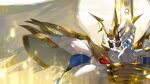  armor badluck claws digimon digimon_(creature) full_armor gold_trim highres holding holding_sword holding_weapon imperialdramon_paladin_mode looking_at_viewer no_humans procreate_(medium) solo sword upper_body weapon wings 