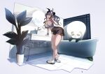  1girl animal_ears arknights arm_support barefoot_sandals bathroom bathtub black_shorts breasts cleavage feater_(arknights) grey_hair highres large_breasts long_hair looking_at_viewer midriff mirror open_mouth panda panda_ears panda_girl plant razu_(rus) sandals shorts standing thick_thighs thighs toothbrush toothbrush_in_mouth wrist_cuffs yellow_eyes 