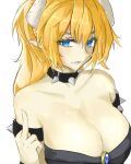  1girl bangs bare_shoulders black_collar black_dress blonde_hair blue_eyes blush bowsette breasts cleavage collar collarbone commentary_request dress horns large_breasts long_hair looking_at_viewer lzayui_sabeth mario_(series) middle_finger new_super_mario_bros._u_deluxe open_mouth pointy_ears simple_background solo upper_body white_background 