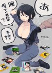  1girl 1other 30th_video_rentals arm_behind_back arm_behind_head batman_(series) black_bra black_hair blue_jumpsuit blurry bra breasts child&#039;s_play chucky cleavage dc_comics depth_of_field dvd_case haku_le herbert_west highres indie_virtual_youtuber jumpsuit kataochi_chuuko large_breasts open_jumpsuit open_mouth parody parody_request re-animator short_hair sitting smile solo_focus south_park style_parody sweatdrop the_simpsons translation_request underwear virtual_youtuber wariza 