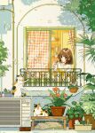  1girl brown_eyes brown_hair bubble bubble_blowing cat day highres keishin original plant potted_plant short_hair short_sleeves solo tree window 