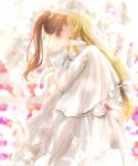  2girls absurdres bare_shoulders blonde_hair blush breasts bridal_veil bride brown_hair carrying cleavage closed_eyes dress elbow_gloves fate_testarossa flower gloves hair_flower hair_ornament hair_ribbon high_heels highres hug jewelry kiss kurosawa_karura long_hair lyrical_nanoha mahou_shoujo_lyrical_nanoha_strikers multiple_girls ponytail princess_carry ribbon ring shiny shiny_hair small_breasts takamachi_nanoha veil wedding_dress wedding_ring white_gloves wife_and_wife yuri 