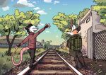  absurd_res anthro backpack canid canine didelphid duo fox hi_res male mammal marsupial nekeithfox plant railway tree 