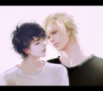  2boys ash_lynx banana_fish black_hair black_shirt blonde_hair crowdoll highres letterboxed looking_at_another male_focus multiple_boys okumura_eiji shirt short_hair simple_background upper_body white_background white_shirt yaoi 