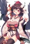  1girl bangs bird_wings black_gloves black_hair black_thighhighs black_wings breasts fingerless_gloves gloves hat highres japanese_clothes kemo_chiharu kimono kourindou_tengu_costume large_breasts long_sleeves official_alternate_costume pointing pointing_at_viewer pointy_ears pom_pom_(clothes) red_eyes red_headwear ribbon-trimmed_sleeves ribbon_trim shameimaru_aya short_hair simple_background solo thighhighs tokin_hat touhou white_background white_kimono wide_sleeves wings 