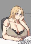  1girl artist_name at_computer bangs_pinned_back bare_shoulders batako_(pixiv54063972) black_bra blonde_hair blue_eyes borrowed_character bra bra_strap breasts chair cleavage closed_mouth collarbone desk folded_hair glasses grey_background hair_over_eyes hair_pulled_back hand_on_own_cheek hand_on_own_face highres huge_breasts inne_sulistya_robin keyboard_(computer) lace lace_bra looking_away mouse_(computer) office_chair original shadow sidelocks signature sitting solo strap_slip tank_top tsurime underwear upper_body 