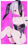  1girl absurdres animal_ears arm_strap bare_legs bare_shoulders black_choker black_hairband black_leotard border breasts choker cleavage closed_mouth collarbone ears_down fake_animal_ears grey_hair hairband highres leotard long_hair looking_at_viewer misao_koinu new_game! pink_background rabbit_ears shiny shiny_hair sitting skindentation small_breasts smile solo strapless strapless_leotard suzukaze_aoba thigh_strap twintails white_border 