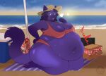  2022 anthro back_rolls beach belly_folds belly_overhang bloated clothing cooler domestic_cat fat_rolls fatfur felid feline felis female hi_res kneeling love_handles male mammal navel overeating overweight overweight_male picnic pudgy_belly ryukawa sea seaside solo thick_thighs tight_clothing umbrella water ych_result 