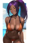  1girl arm_behind_back bangs beach bikini bleach blush border breasts collarbone cowboy_shot dark-skinned_female dark_skin forehead grin groin lainart leaning_forward lips long_hair looking_at_viewer medium_breasts navel orange_bikini parted_bangs ponytail purple_hair shihouin_yoruichi sidelocks skindentation smile solo stomach swimsuit teeth thigh_gap white_border yellow_eyes 