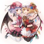  2girls :d absurdres ascot back_bow bat_wings black_footwear black_gloves black_skirt black_thighhighs blonde_hair blue_flower blue_hair blue_rose blush bow bowtie brooch collar commentary_request crystal fang flandre_scarlet flower full_body gloves hat hat_flower hat_ribbon highres jewelry kita_(kitairoha) loafers looking_at_viewer mob_cap multiple_girls open_mouth orange_bow orange_bowtie pink_bow pink_headwear pink_shirt ponytail red_ascot red_bow red_eyes red_flower red_footwear red_ribbon red_shirt remilia_scarlet ribbon rose shirt shoes short_hair siblings simple_background sisters skin_fang skirt smile striped striped_bow striped_bowtie sunflower thighhighs touhou white_background white_collar white_gloves white_headwear white_skirt white_thighhighs wings yellow_flower 