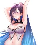  1girl ahoge armpits arms_up artist_name black_hair blue_hair breasts cleavage highres karasawa_miko kson large_breasts long_hair mole multicolored_hair navel ponytail purple_eyes simple_background sleeveless solo virtual_youtuber vshojo 