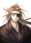  1boy blank_stare brown_hair brown_robe eyepatch highres jigokuraku long_hair looking_at_viewer pointy_hair robe simple_background solo ushi_424 white_background yamada_asaemon_eizen 