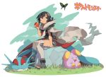  1girl :t apple black_hair boots bug butterfly cloak commentary copyright_name eating food fruit highres holding holding_food holding_fruit morino_hon photoshop_(medium) pokemon pokemon_(creature) pokemon_(game) pokemon_oras red_eyes red_wings salamence sandals short_hair shorts sitting smile toeless_footwear whismur wings zinnia_(pokemon) 