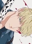  1boy blonde_hair blood blue_shirt collared_shirt highres jujutsu_kaisen lips looking_at_viewer male_focus mochiya_(mochiya0504) nanami_kento portrait shirt short_hair solo white_background 