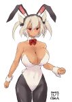 1girl alternate_costume animal_ears artist_name bow bowtie breasts cleavage covered_navel cowboy_shot dark-skinned_female dark_skin dated detached_collar hair_between_eyes highres huge_breasts kantai_collection large_breasts leotard light_brown_hair musashi_(kancolle) one-hour_drawing_challenge owa_(ishtail) pantyhose playboy_bunny rabbit_ears rabbit_tail rectangular_eyewear red_bow red_bowtie red_eyes simple_background solo strapless strapless_leotard tail two_side_up white_background white_leotard wrist_cuffs 