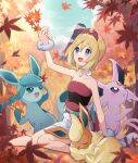  1girl :d arm_up autumn_leaves bangs blue_eyes cloud collarbone commentary_request day espeon flareon glaceon hair_between_eyes hairband haru_(haruxxe) highres irida_(pokemon) leaf maple_leaf open_mouth outdoors pokemon pokemon_(creature) pokemon_(game) pokemon_legends:_arceus red_hairband red_shirt sash shirt shorts sitting sky smile strapless strapless_shirt tongue white_shorts 