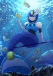  1boy 1girl :&lt; air_bubble android animal artist_name blue_eyes blue_headwear bubble closed_mouth dolphin elbow_gloves eyeshadow fins fish full_body gloves hand_up helmet highres joints makeup mega_man_(character) mega_man_(classic) mega_man_(series) mega_man_9 mermaid monster_girl polearm purple_eyeshadow robot_joints school_of_fish sidesaddle sitting splash_woman togeshiro_azami trident underwater water weapon white_gloves 