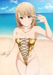  1girl artist_name bangs beach blush breasts brown_eyes brown_hair casual_one-piece_swimsuit center_opening collarbone commentary_request cross-laced_clothes cross-laced_swimsuit gold_necklace gold_one-piece_swimsuit grin inoshira isshiki_iroha jewelry light_brown_hair looking_at_viewer medium_breasts medium_hair multiple_rings navel_piercing necklace ocean one-piece_swimsuit outdoors paid_reward_available piercing ring shiny smile solo standing standing_on_one_leg strapless strapless_swimsuit swimsuit teeth twitter_username v water watermark yahari_ore_no_seishun_lovecome_wa_machigatteiru. yellow_eyes yellow_one-piece_swimsuit 