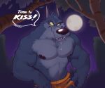  abs anthro biceps blue_body bodily_fluids bottomwear canid canine canis clothing dialogue drooling e-w01f full_moon halloween hi_res holidays male mammal moon muscular muscular_anthro muscular_male nipples open_mouth pecs plant saliva shorts solo teeth torn_clothing tree wolf yellow_eyes 